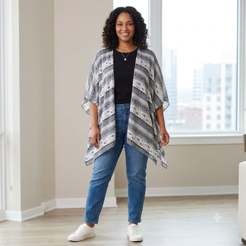 Heartsoul Womens Size Large Elephant Kimono Cardigan Black White Shrug Boho Open